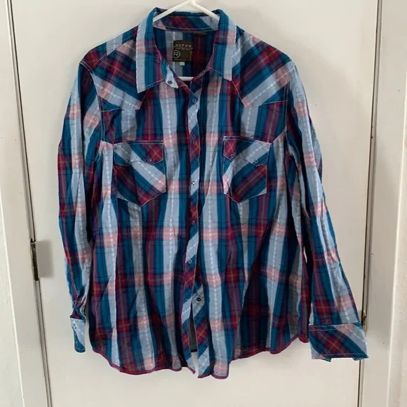 Roper turquoise, plum and olive green plaid embroidered western shirt - Picture 2 of 8